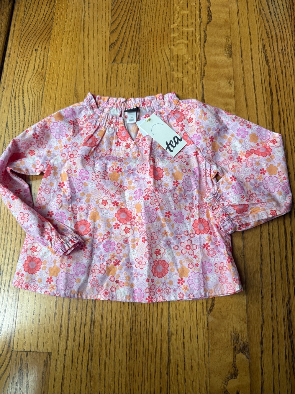 Tea Collection Girls' Pink Floral Long-Sleeve Peasant Top